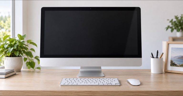 Computer all-in-one argentato con tastiera e mouse wireless