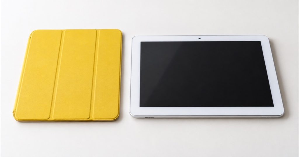 Tablet bianco con schermo nero e custodia gialla