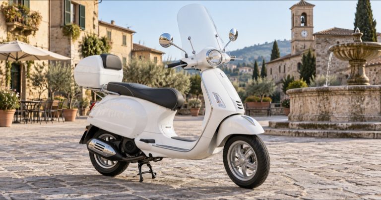 Scooter bianco in stile rétro con parabrezza e bauletto