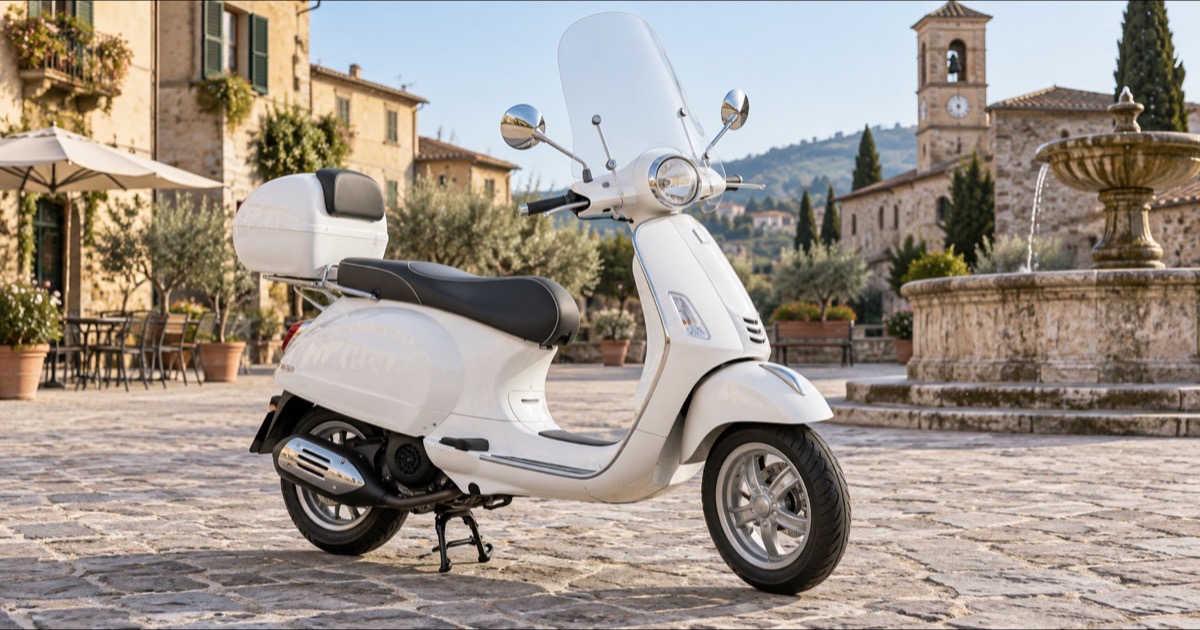 Scooter bianco in stile rétro con parabrezza e bauletto