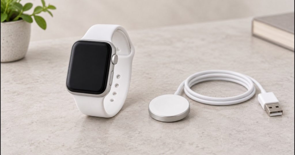 Orologio intelligente in alluminio con cinturino bianco e cavo di ricarica