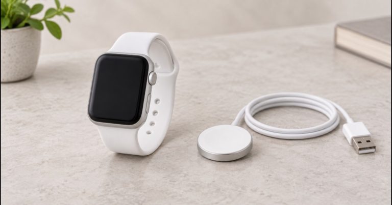 Orologio intelligente in alluminio con cinturino bianco e cavo di ricarica