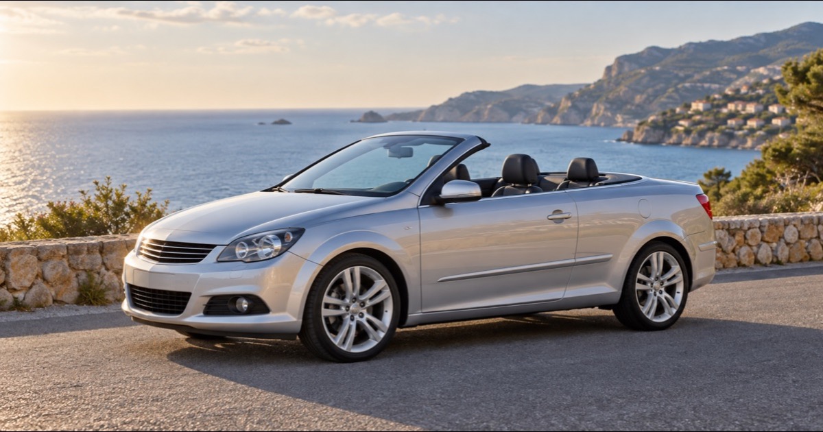 Automobile coupé-cabriolet argentata su una strada panoramica