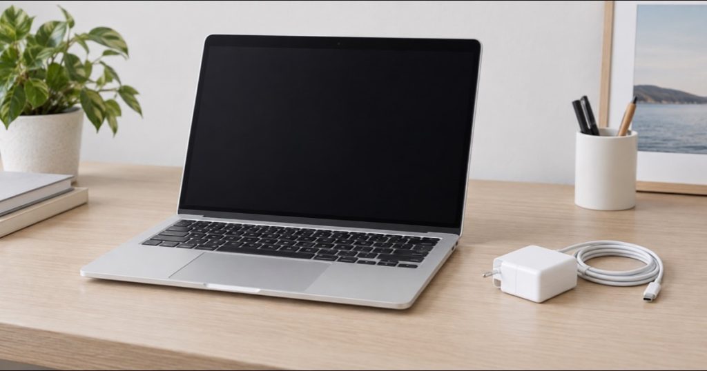 Computer portatile argentato da 13 pollici con alimentatore