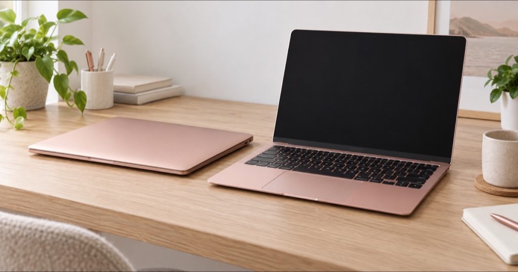 Computer portatile sottile color rosa su una scrivania