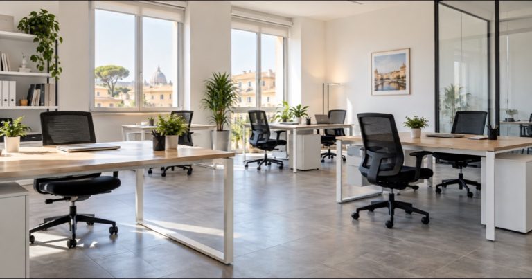 Spazio di coworking luminoso con scrivanie e sedute ergonomiche
