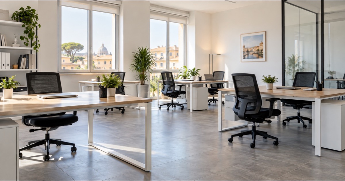 Spazio di coworking luminoso con scrivanie e sedute ergonomiche