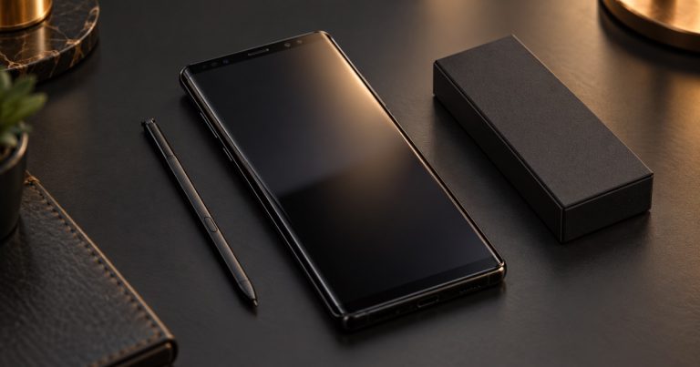 Smartphone nero con pennino su una scrivania scura