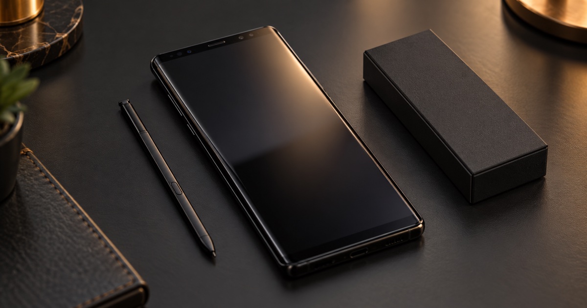 Smartphone nero con pennino su una scrivania scura